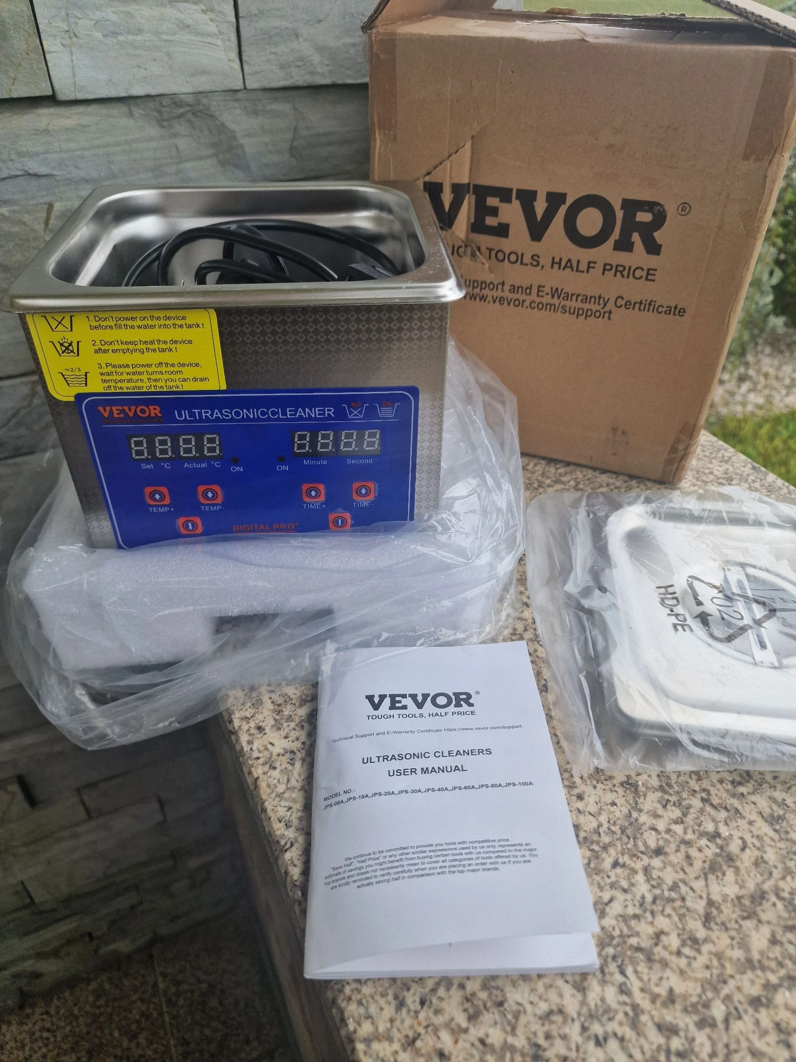 Limpador Ultrassónico VEVOR (modelo JPS-08A), com capacidade de 1,3 litros e frequência de 40kHz.